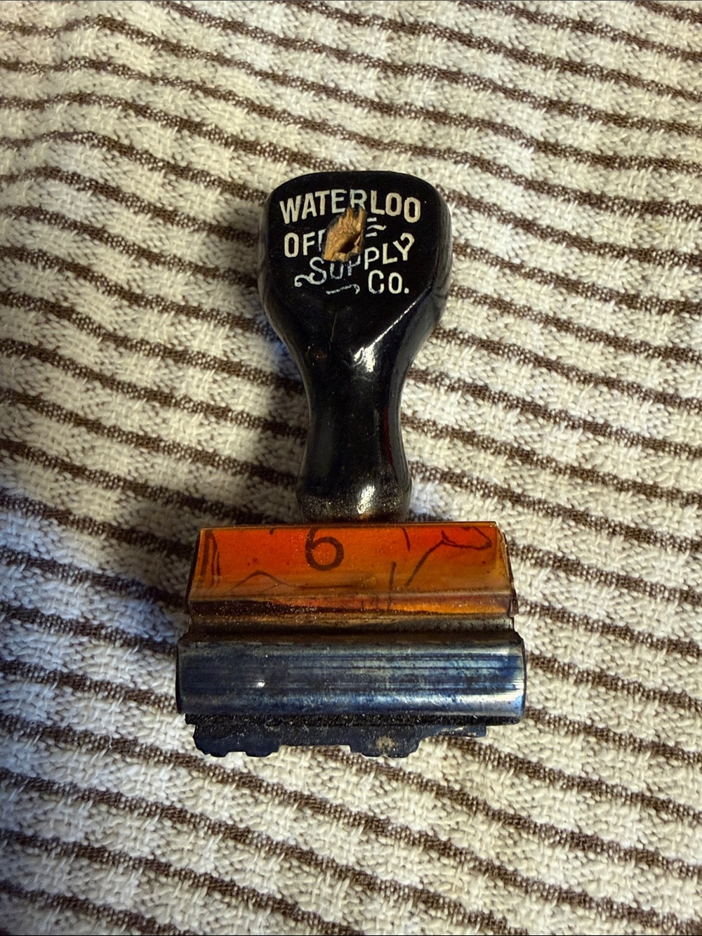 Vintage Waterloo Office Supply Co. Number 6 Desk Stamp - Black & Amber